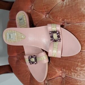 Hilary Radley Pastel Pink & Tan Jeweled Mule Sandal with gold kitten heal size8